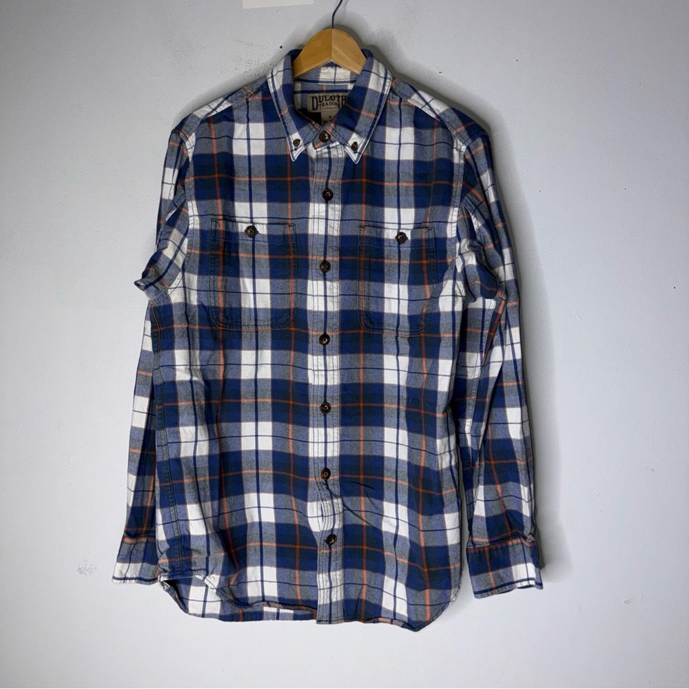 Duluth Trading Co Blue White Orange plaid Flannel Collar Button Down Medium